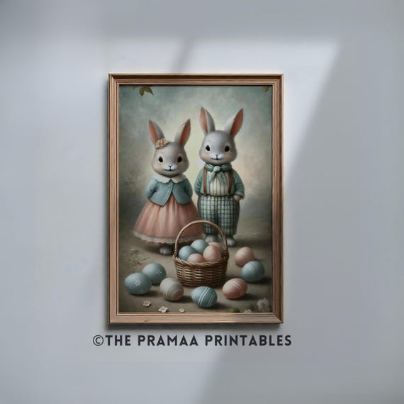 Vintage Easter Bunny Couple Painting Cute Rabbits Pastel Spring Decor Basket Of Eggs Print Woodland Nursery Wall Art Ew02