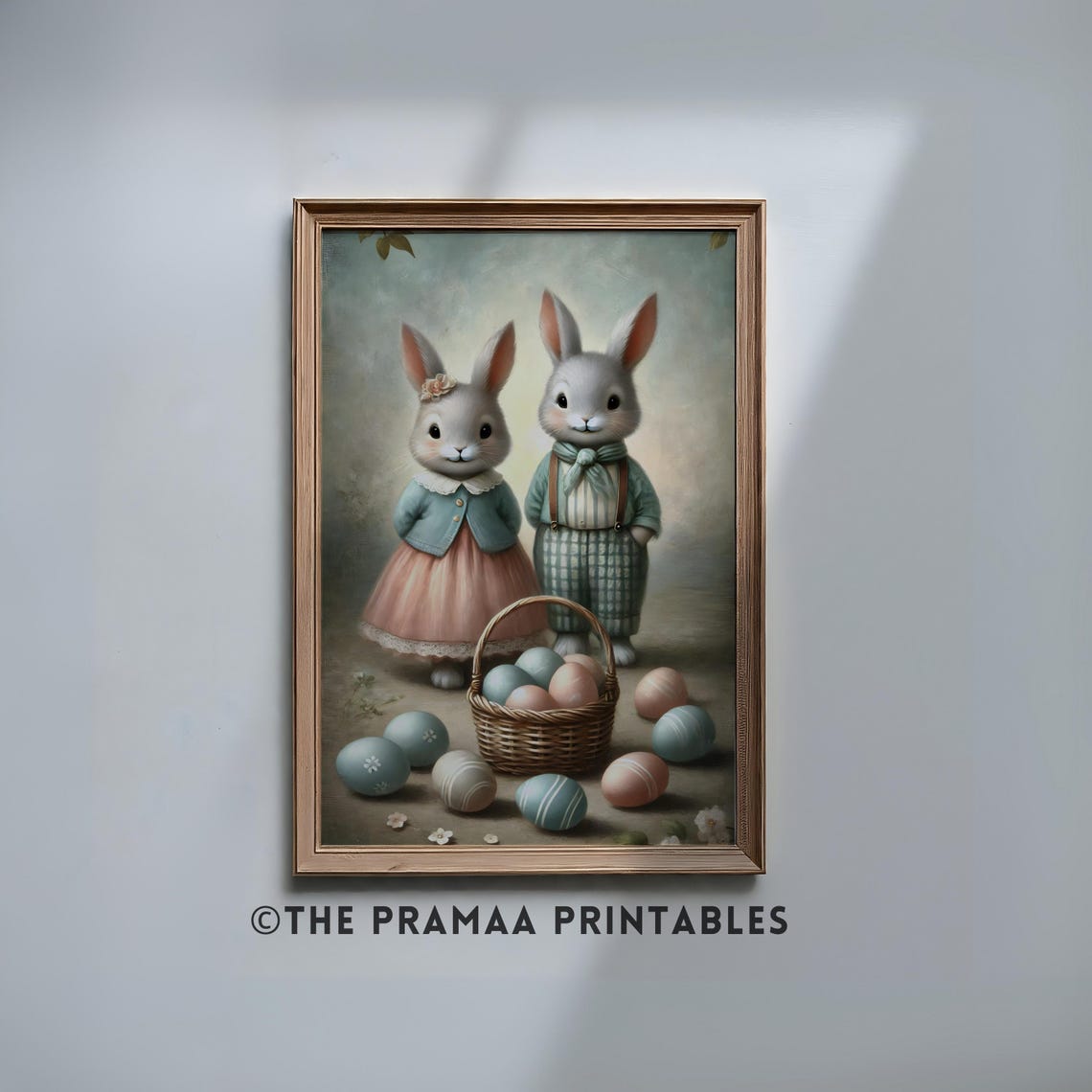 Pastel Easter Bunny Couple With Egg Basket Vintage Painting Poster
