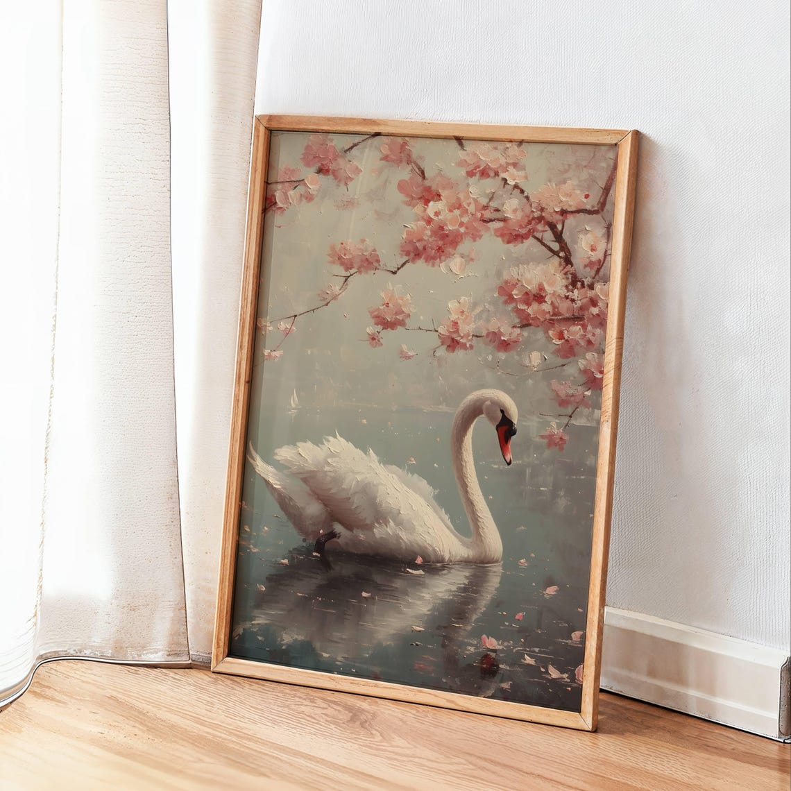 White Swan on Still Water Under Cherry Blossoms Serene Painting Poster - Image 3