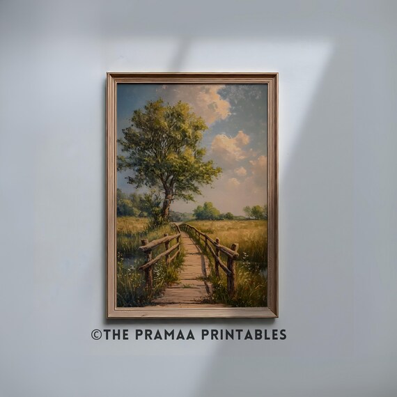 Wooden Footbridge Through Sunny Meadow Vintage Country Poster