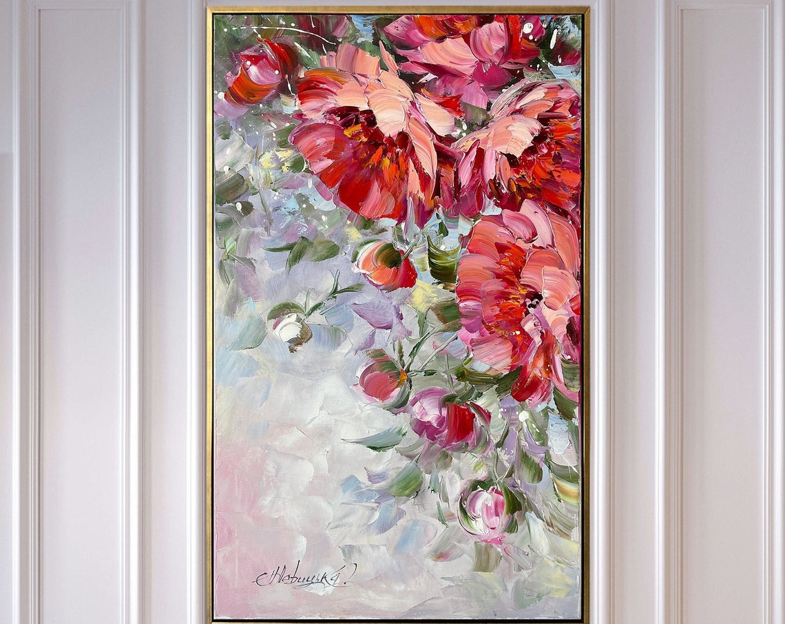 Red Peonies Painting Original Art Flowers Small Painting Red Floral Small Art For Kitchen Wall 12x20 Art Peony Flower Oil Painting On