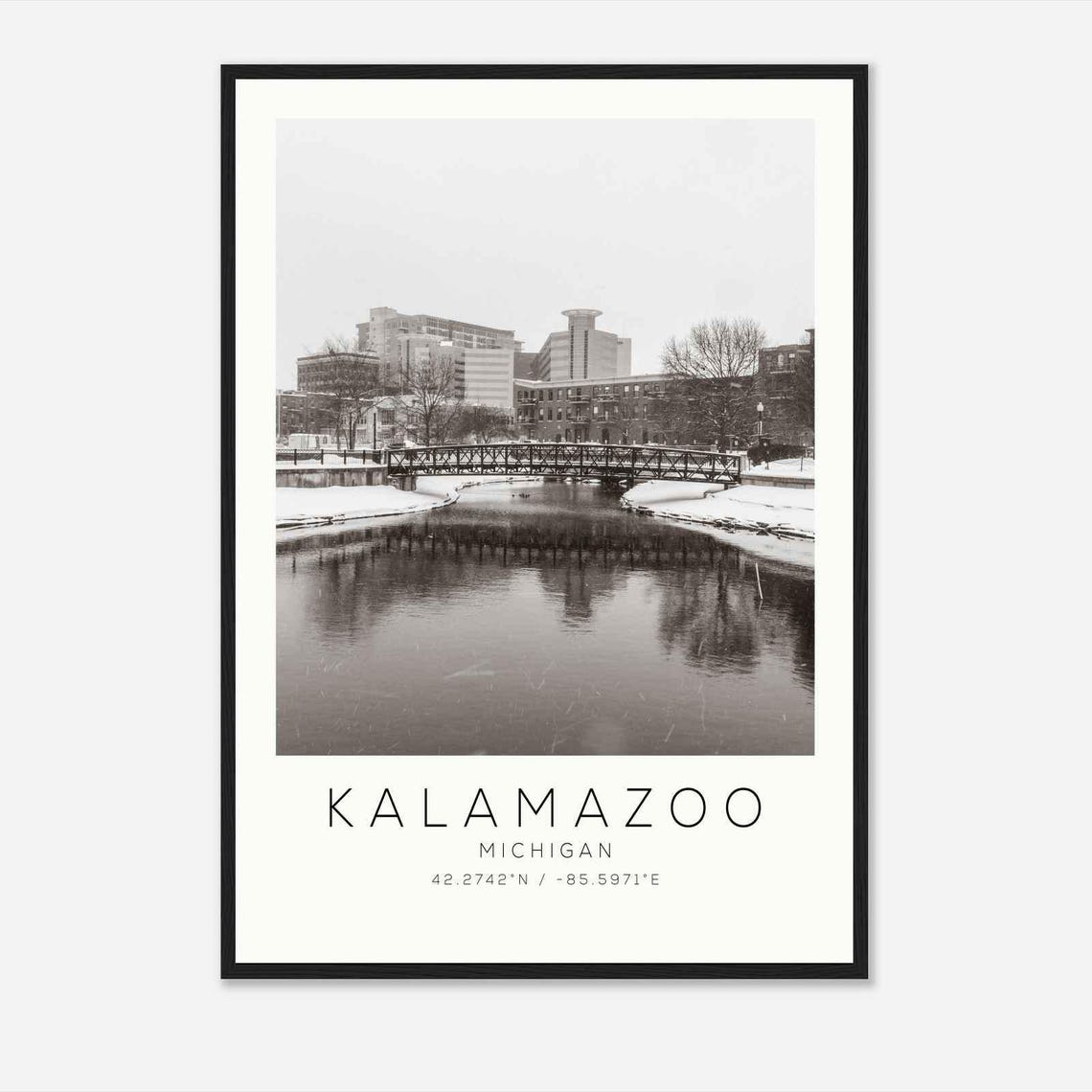 Kalamazoo Michigan Snowy River Bridge Black White Photo Poster