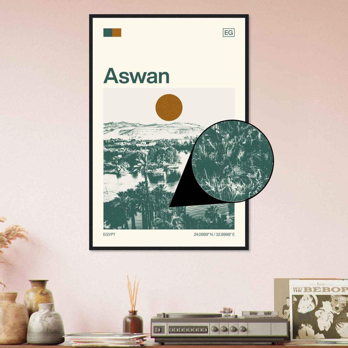 Aswan Egypt Serene Nile River Palm Grove Duotone View Art Poster - Image 4