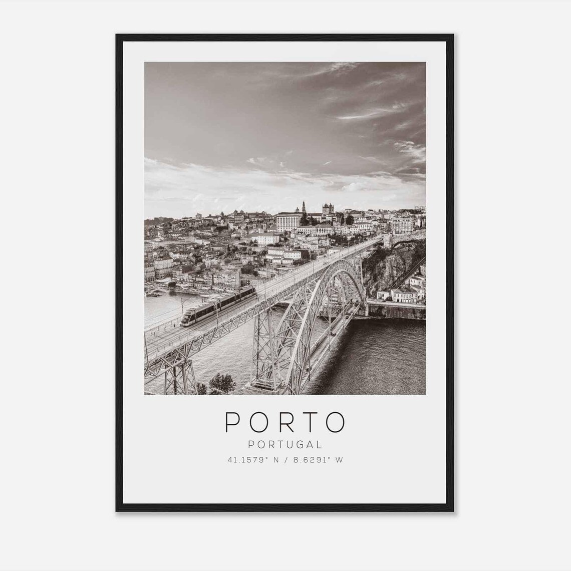 Porto Portugal Iconic Dom Luis Bridge Tram River Black White Poster