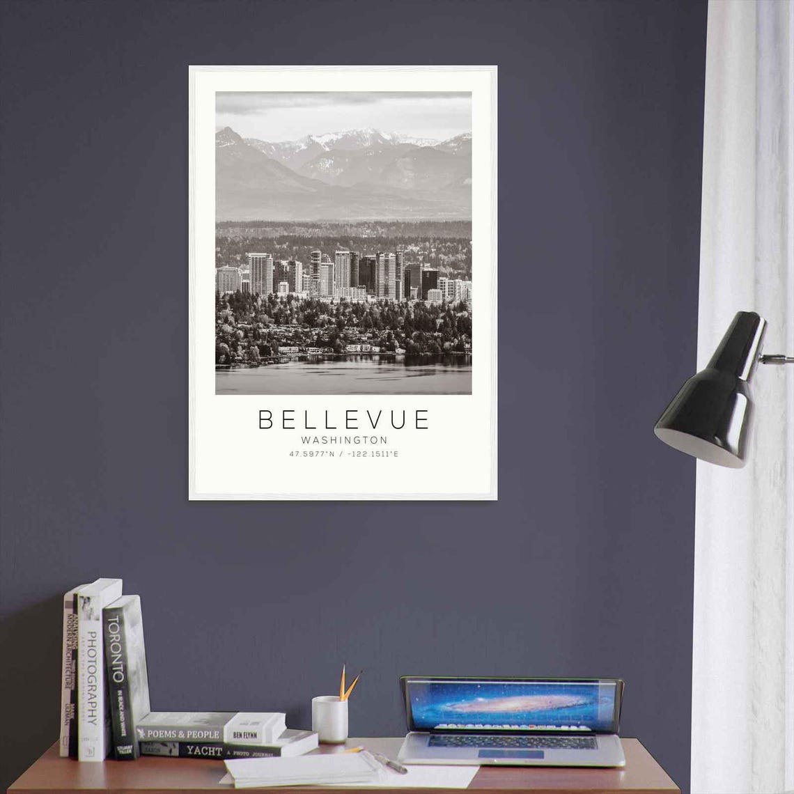 Bellevue Washington Downtown Skyline Mountain View Black White Poster - Image 3