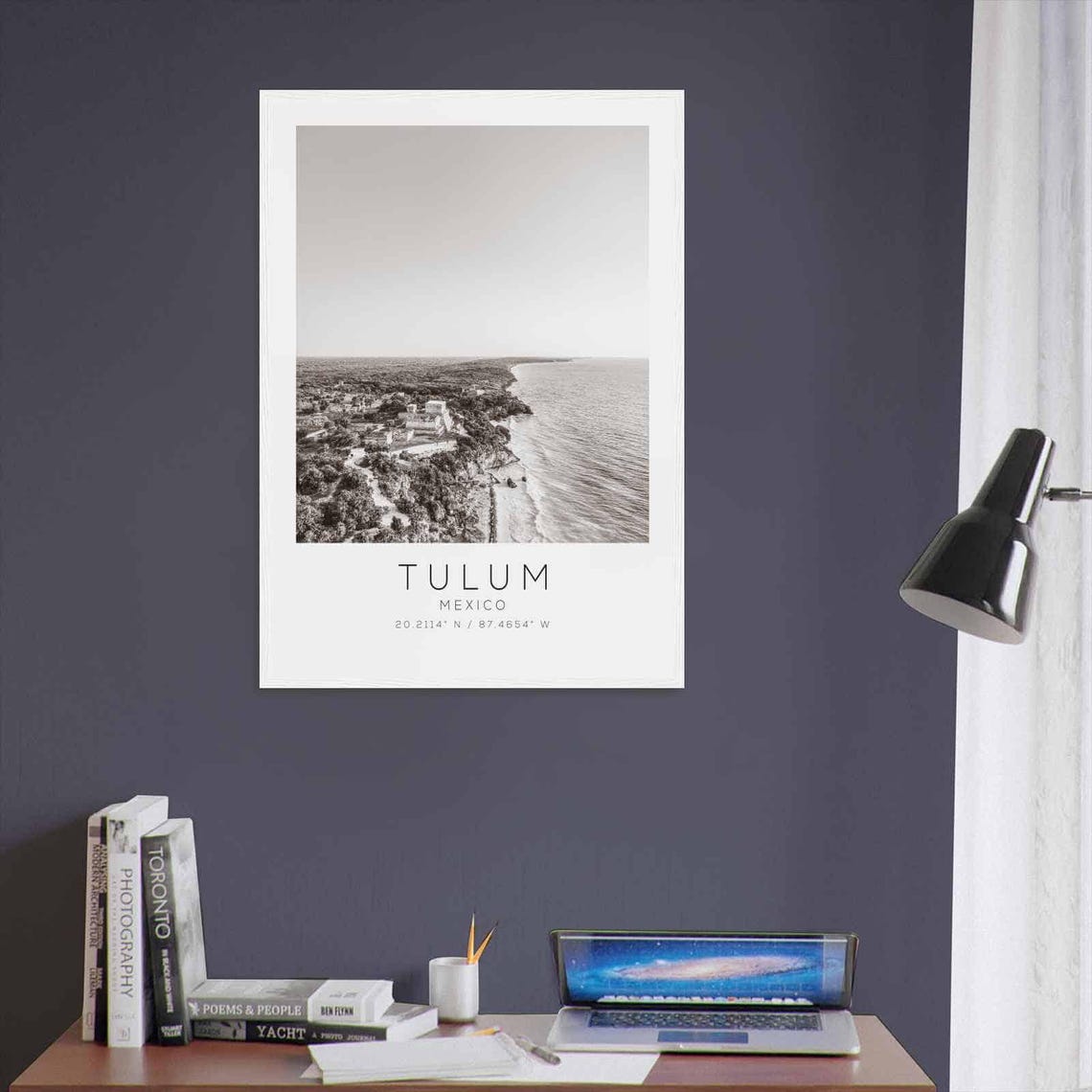 Tulum Mexico Mayan Ruins Cliff Coastline Black and White Poster - Image 3