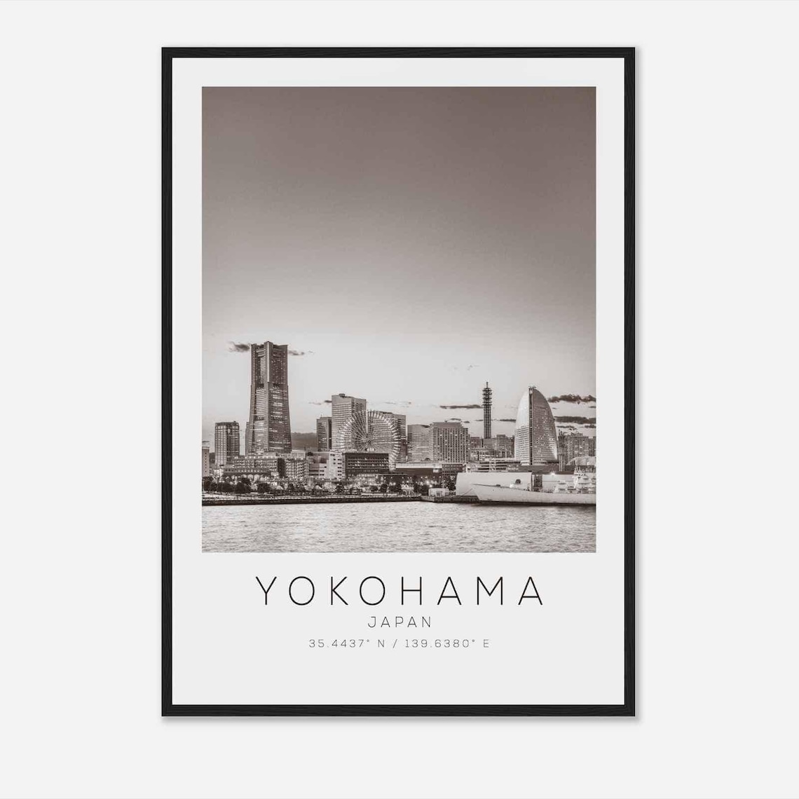 Yokohama Japan Waterfront Skyline Night Black White Photo Poster