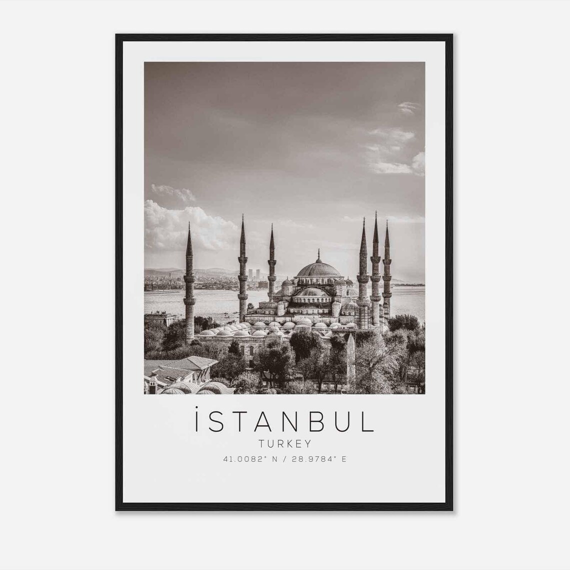 Istanbul Turkey Blue Mosque Minarets Black and White Travel Poster