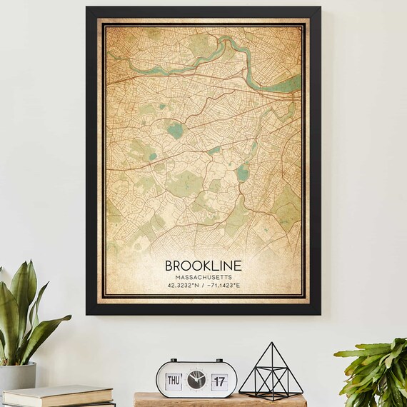 Brookline Massachusetts Vintage City Map Poster with Coordinate Details
