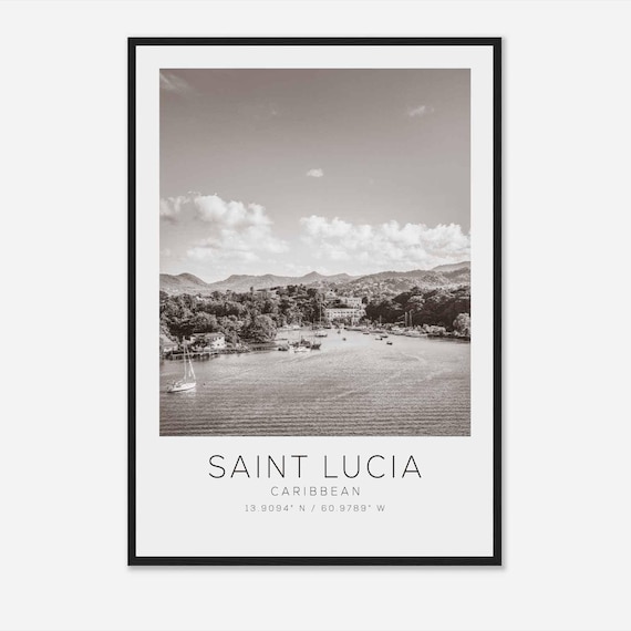Saint Lucia Caribbean Harbor Hills Sailboats Black and White Poster