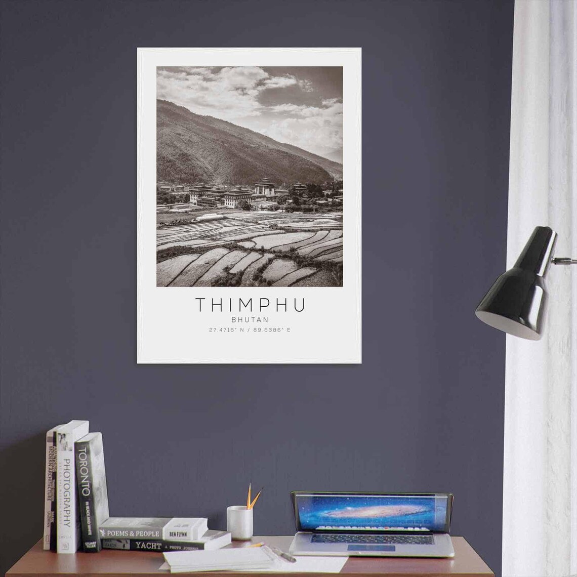 Thimphu Bhutan Rice Terraces Dzong Black and White Photo Poster - Image 3