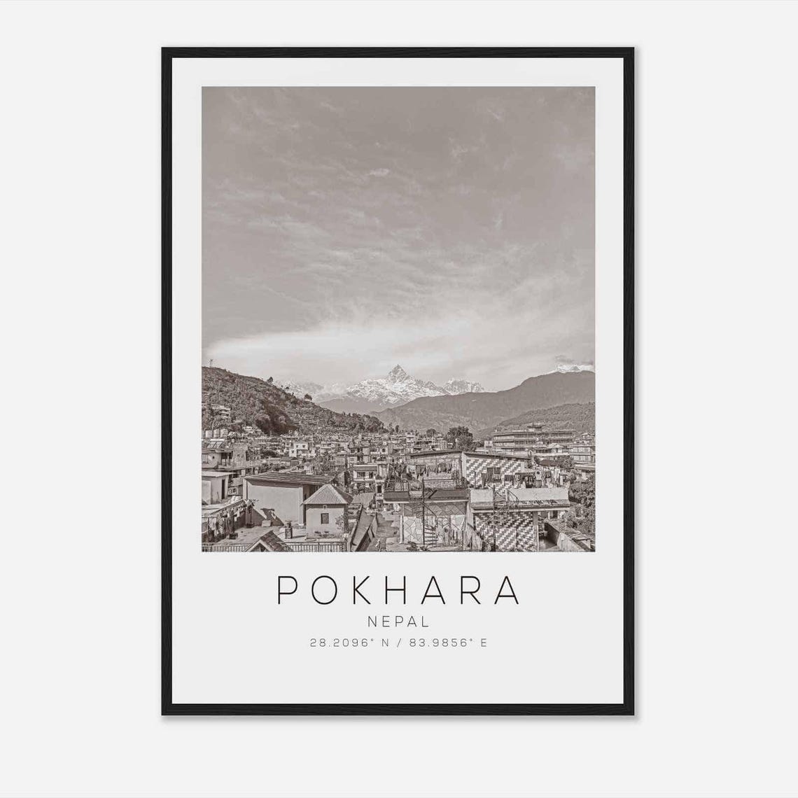 Pokhara Nepal Himalaya Mountains Town View Black and White Poster