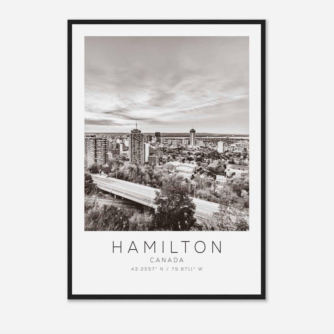 Hamilton Canada Black and White City Skyline View Travel Poster