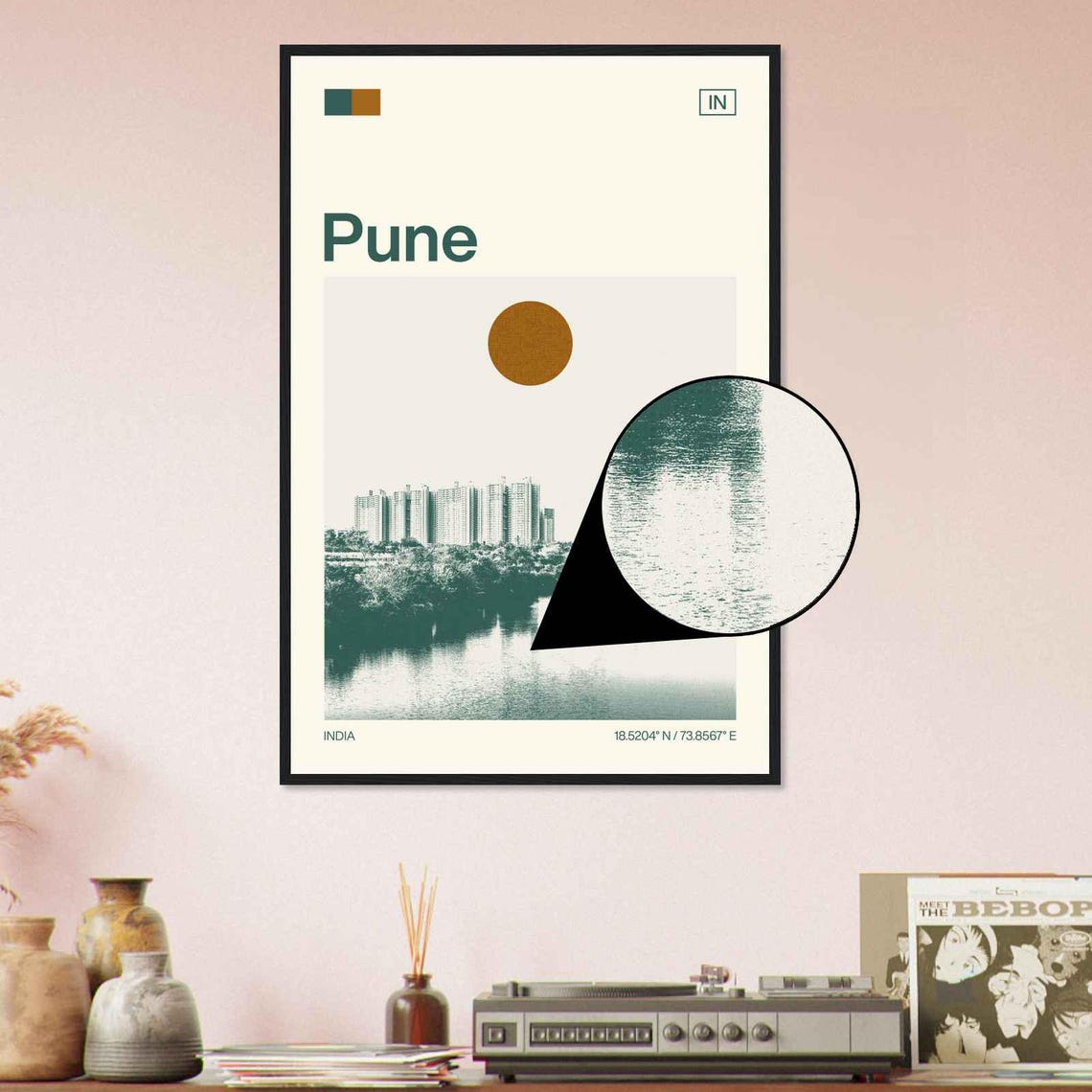 Pune India River Bend Modern Towers Trees Sun Duotone Travel Poster - Image 4
