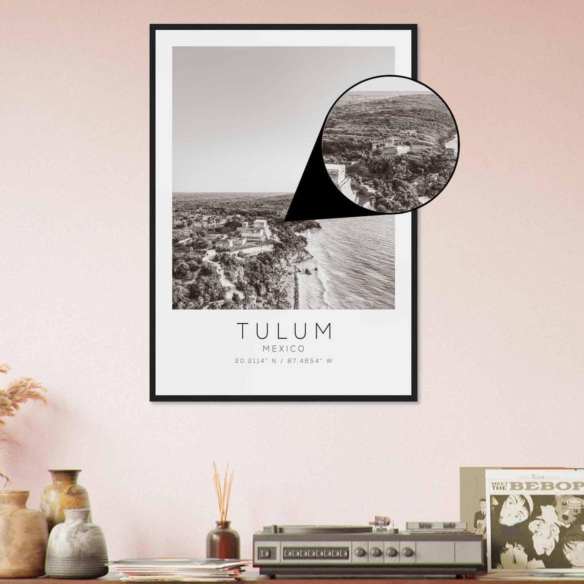 Tulum Mexico Mayan Ruins Cliff Coastline Black and White Poster - Image 4