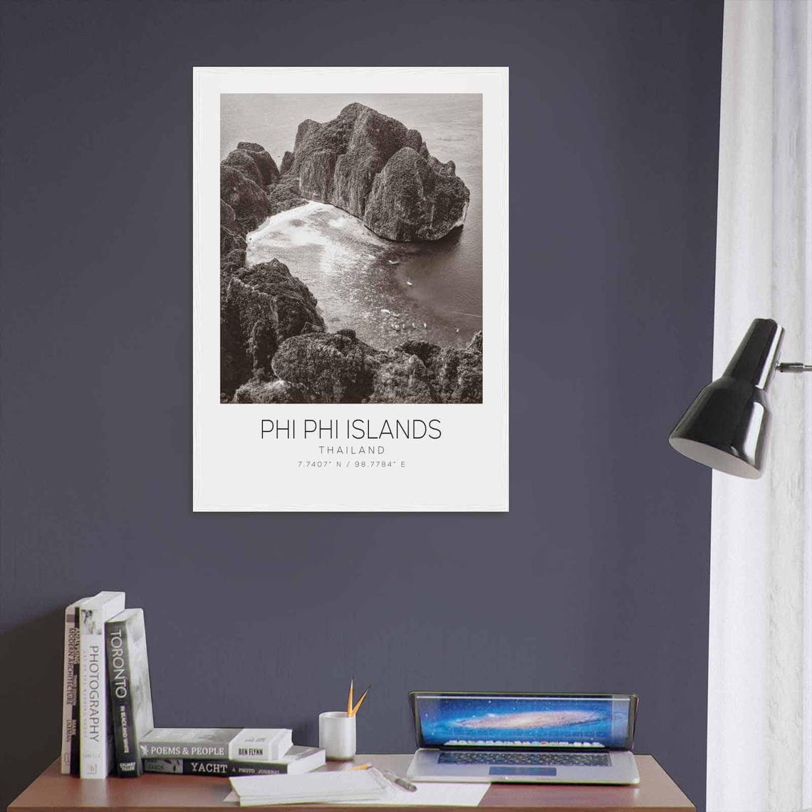 Phi Phi Islands Thailand Aerial Island Bay Black White Poster - Image 3