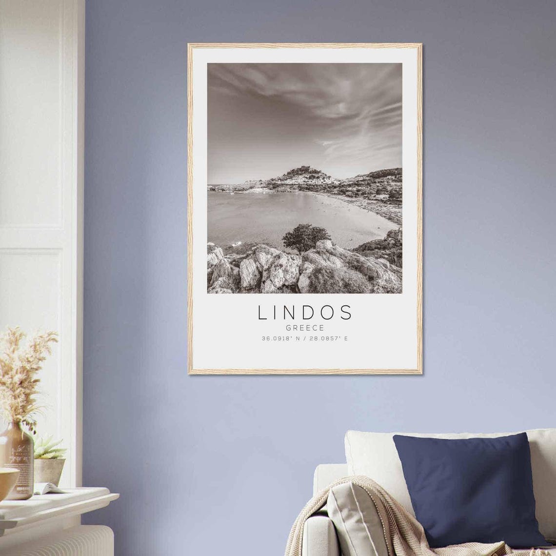 Lindos Greece Aegean Bay Rocky Coast Black and White Photo Poster - Image 2