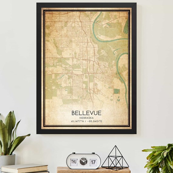 Vintage Bellevue Nebraska Street Map Coordinates Aged Parchment Atlas Art Poster