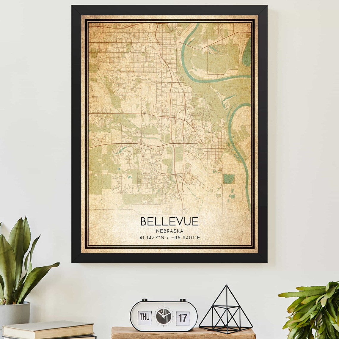 Vintage Bellevue Nebraska Street Map Coordinates Aged Parchment Atlas Art Poster