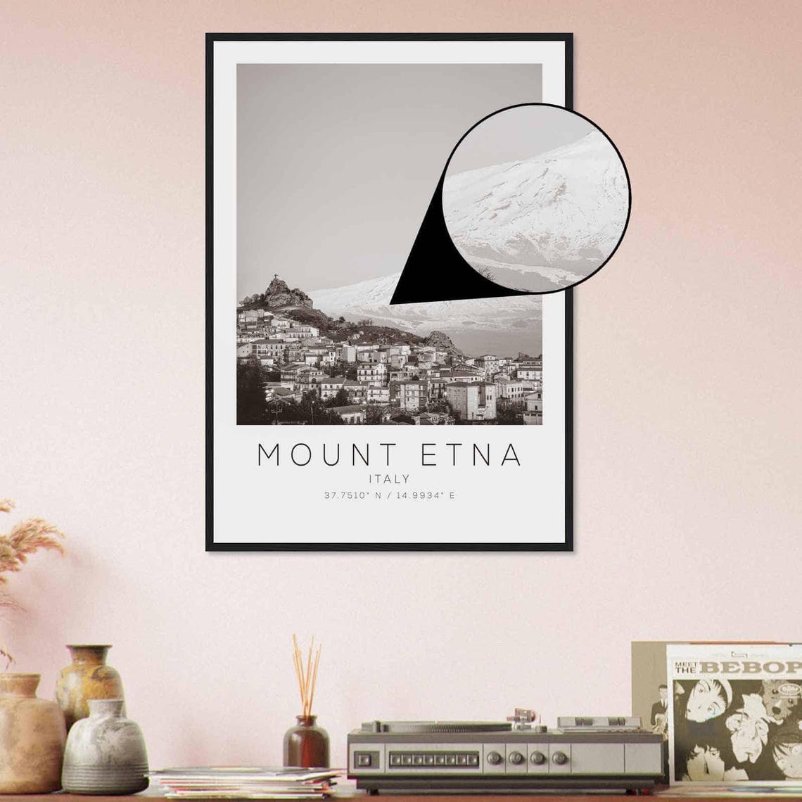 Mount Etna Italy Sicily Volcano Townscape Black and White Photo Poster - Image 4