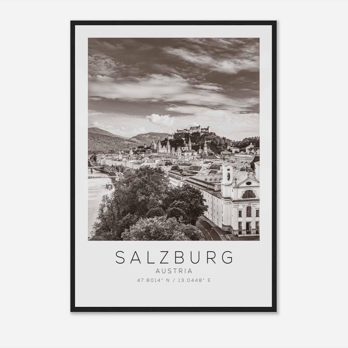 Salzburg Austria Old Town River View Black and White Travel Poster