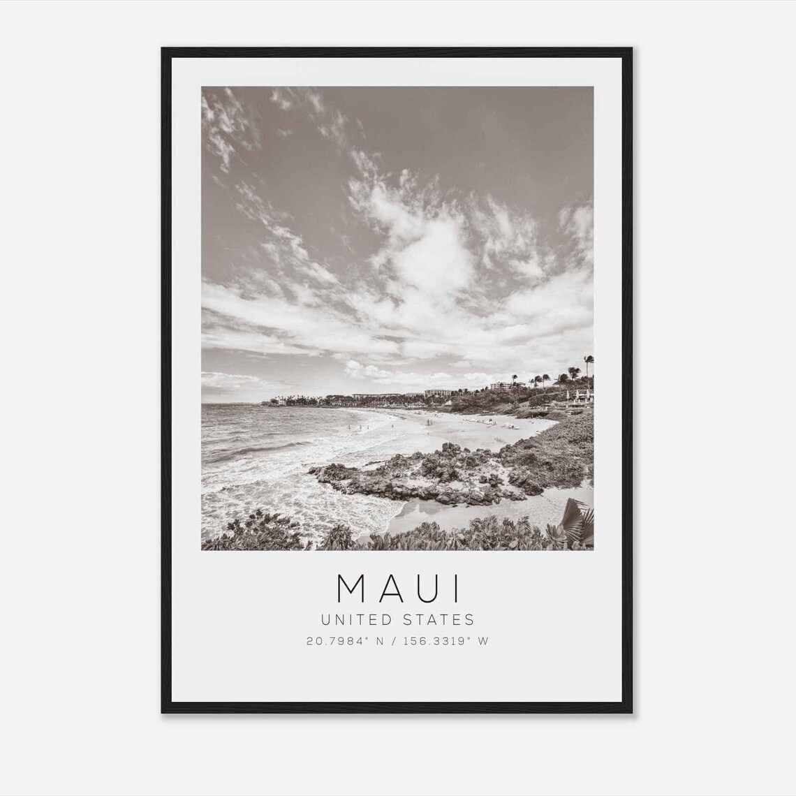 Maui Hawaii Rocky Beach Coastline Black and White Photo Poster
