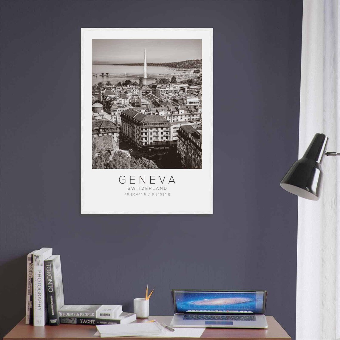 Geneva Switzerland Jet d'Eau Lakeside Black and White Travel Poster - Image 3