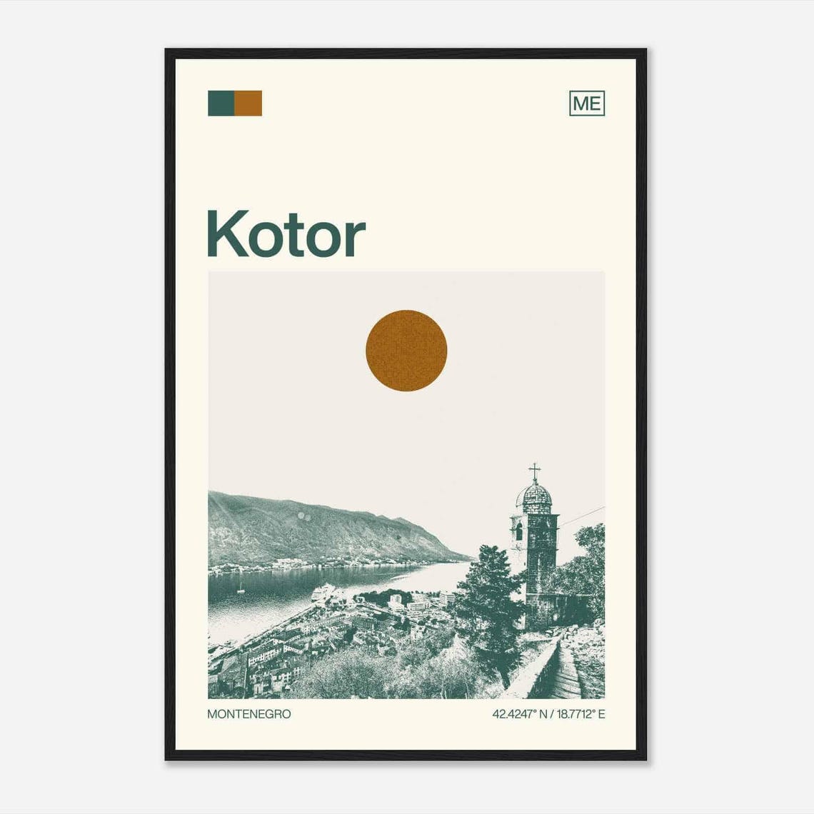 Kotor Montenegro Modern Minimalist Bay Church Tower Coastal Poster