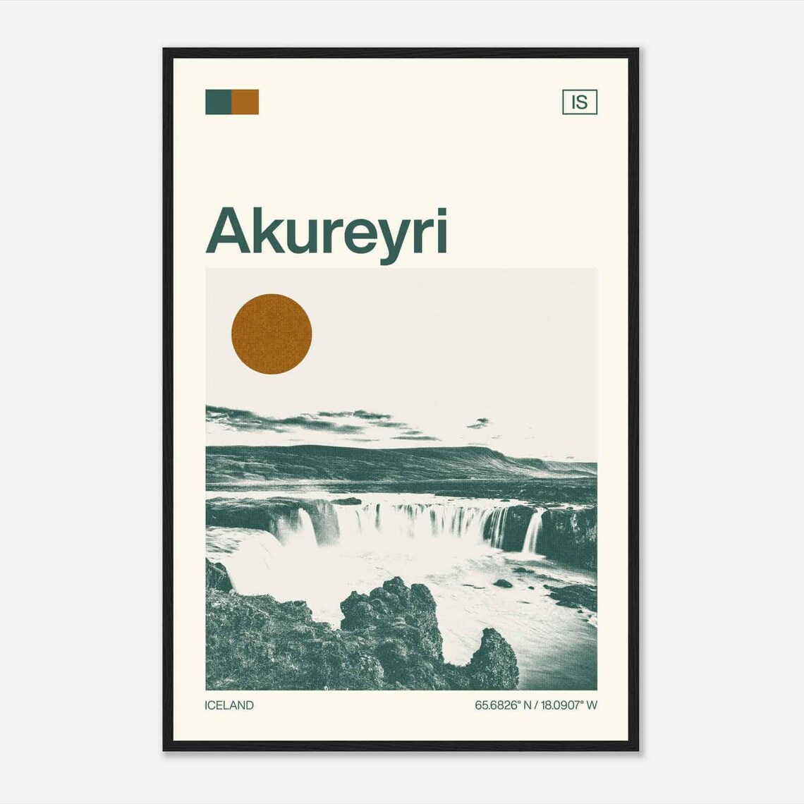 Akureyri Iceland Waterfall Nature Vintage Style Travel Poster