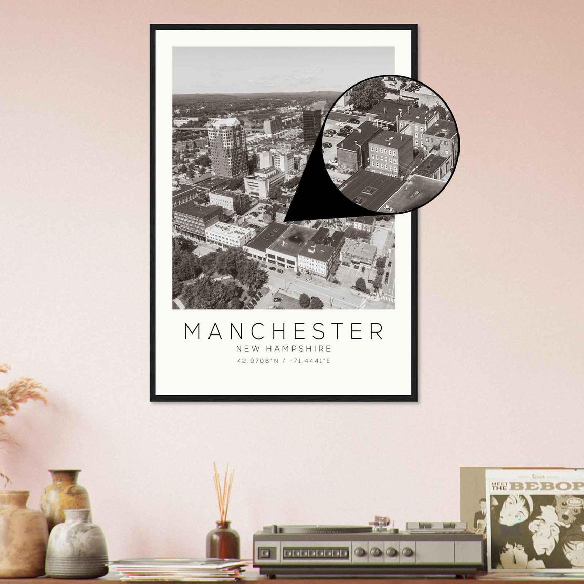 Manchester New Hampshire Downtown Aerial Black And White Poster - Image 4