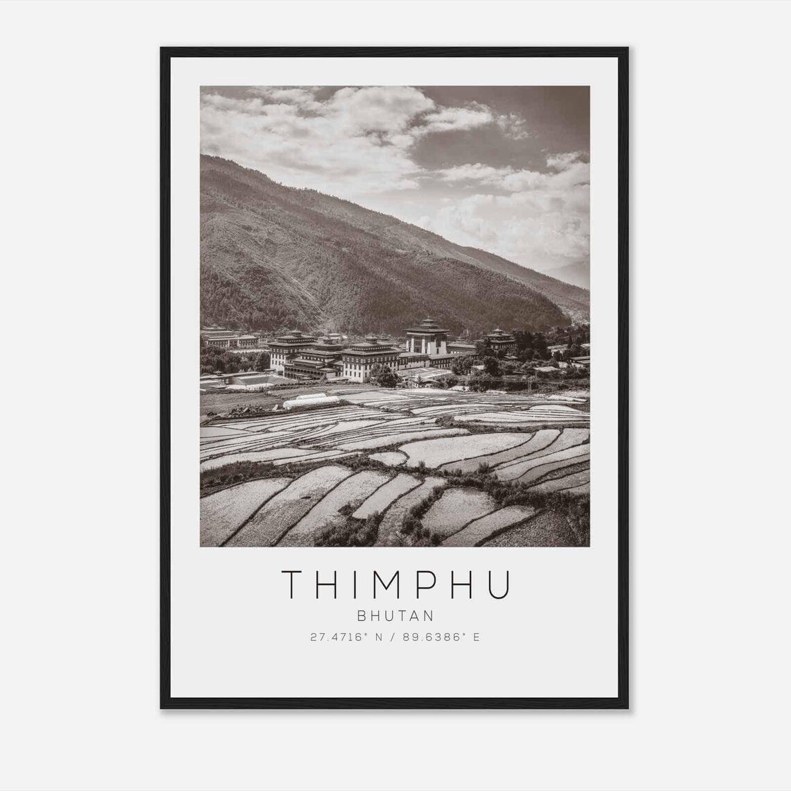 Thimphu Bhutan Rice Terraces Dzong Black and White Photo Poster