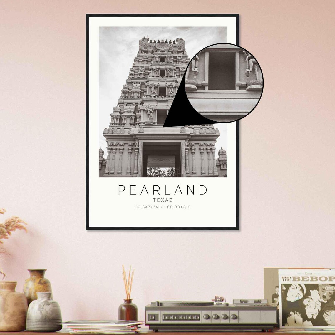 Pearland Texas Ornate Hindu Temple Tower Black and White Photo Poster - Image 4