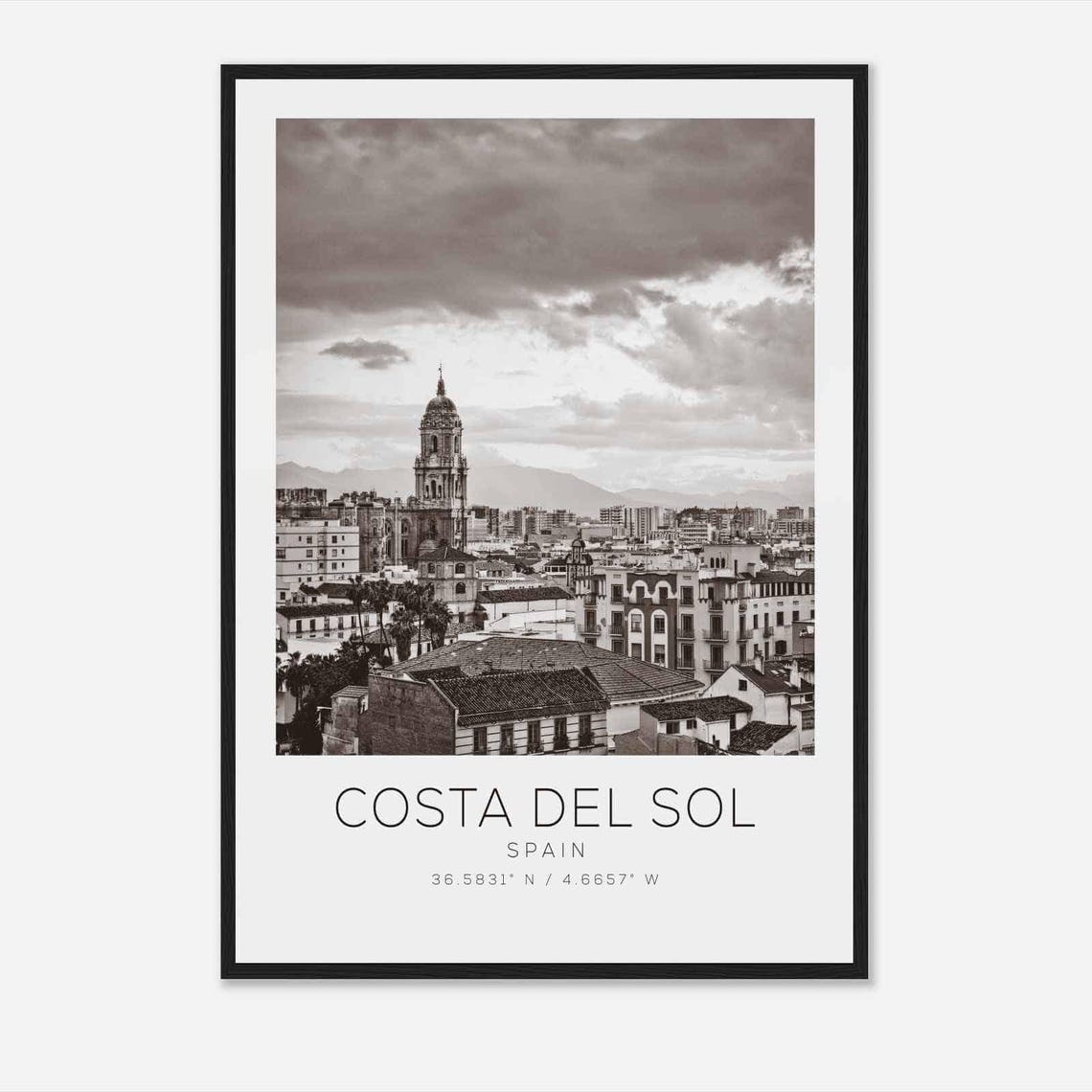 Costa del Sol Spain Malaga Old Town Skyline Black and White Poster