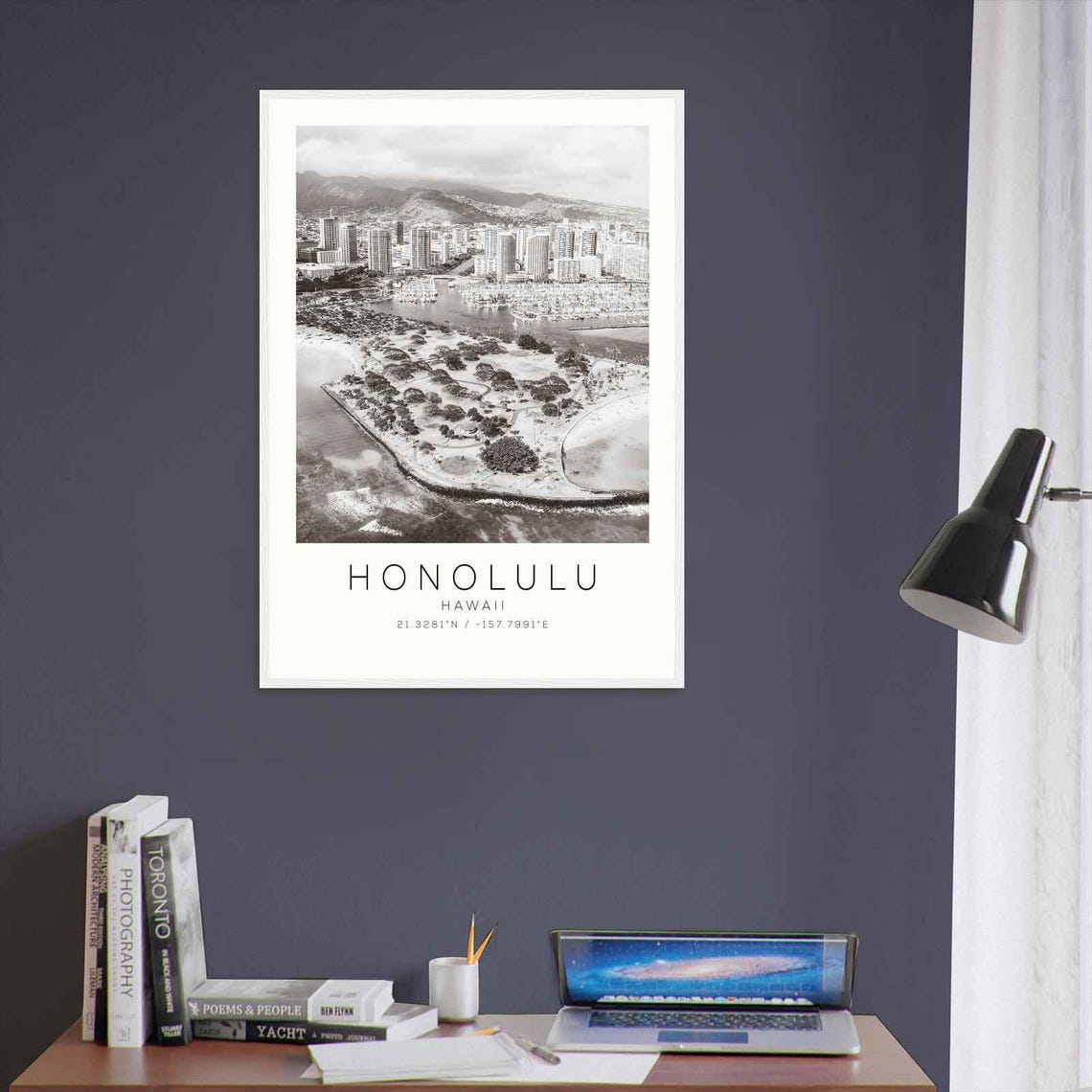 Honolulu Hawaii Marina Harbor Aerial View Black White Travel Poster - Image 3