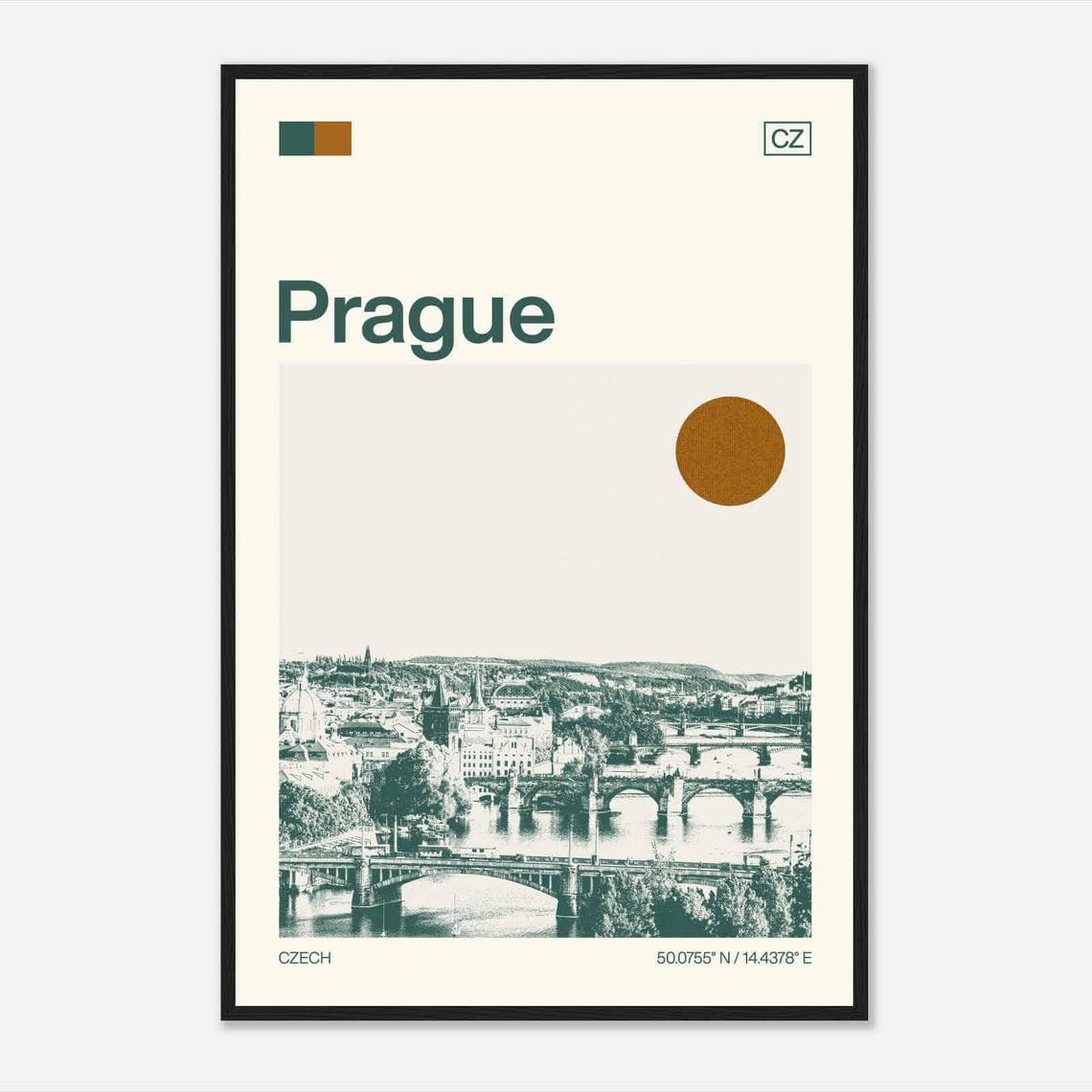 Prague Czech Vltava River Bridges Skyline Sun Duotone Travel Poster