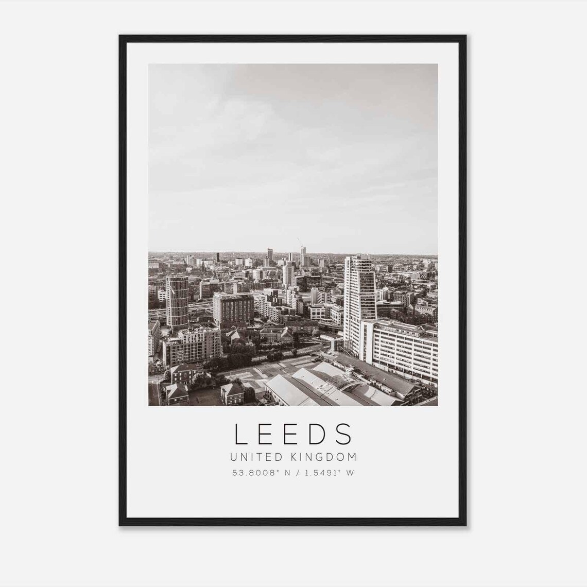 Leeds United Kingdom Black White Aerial City Skyline Travel Poster