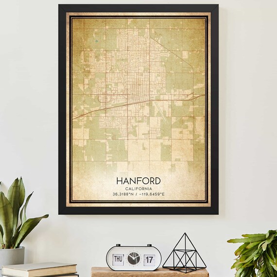 Hanford California Vintage City Street Map Custom Decor Poster