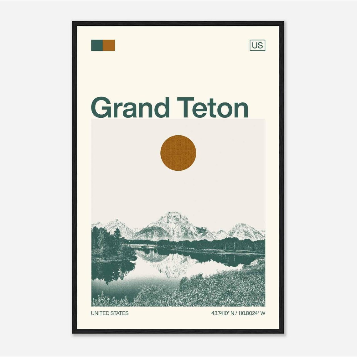 Grand Teton Wyoming Mountain Lake Reflection Minimalist Travel Poster