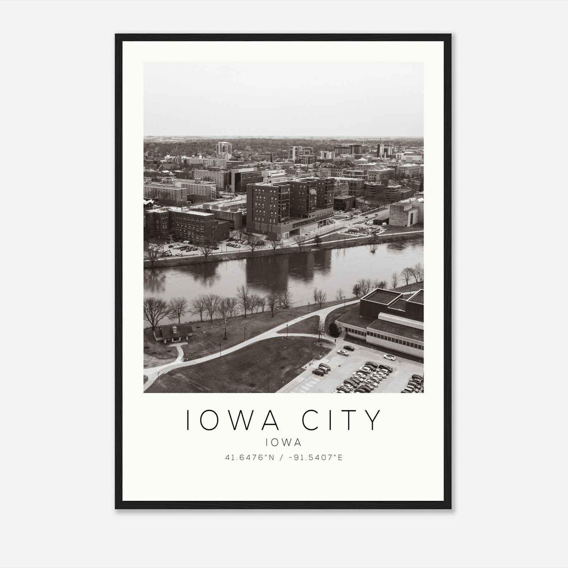 Iowa City Iowa Downtown Aerial River View Black And White Poster