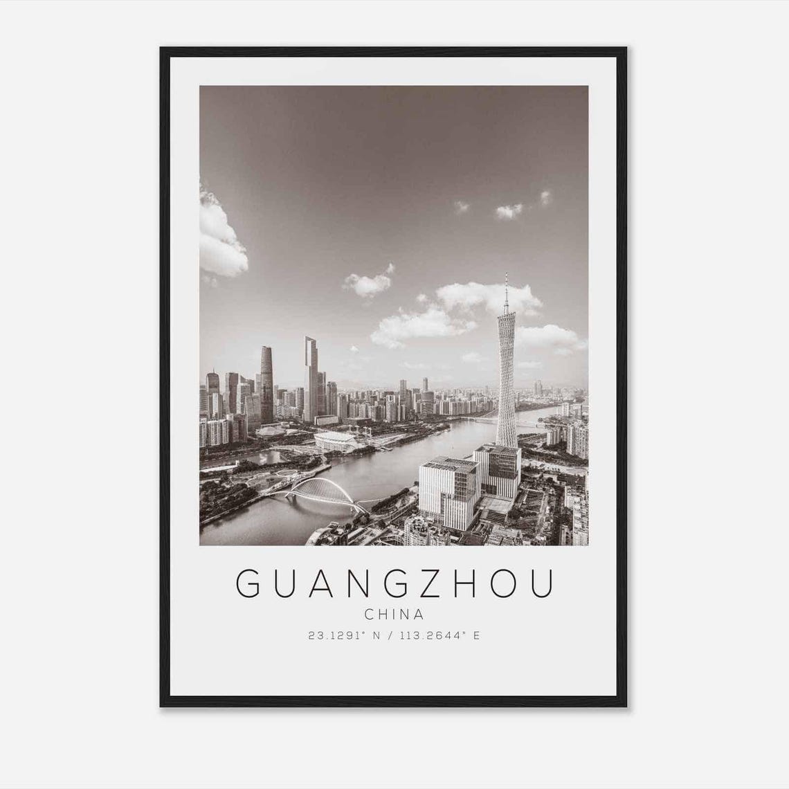 Guangzhou China Black and White Skyline Canton Tower Aerial Poster