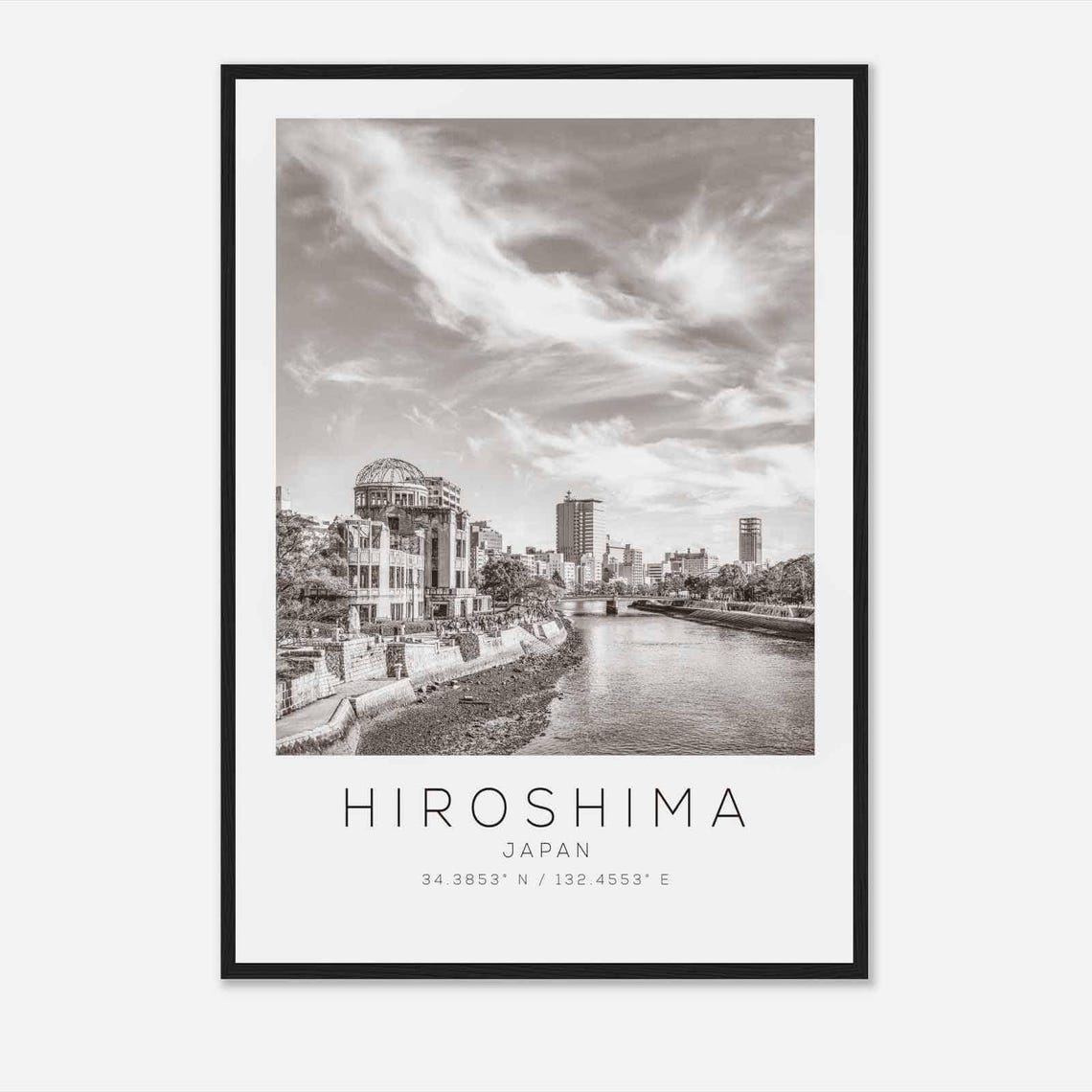 Hiroshima Japan Black and White Atomic Dome River View Poster
