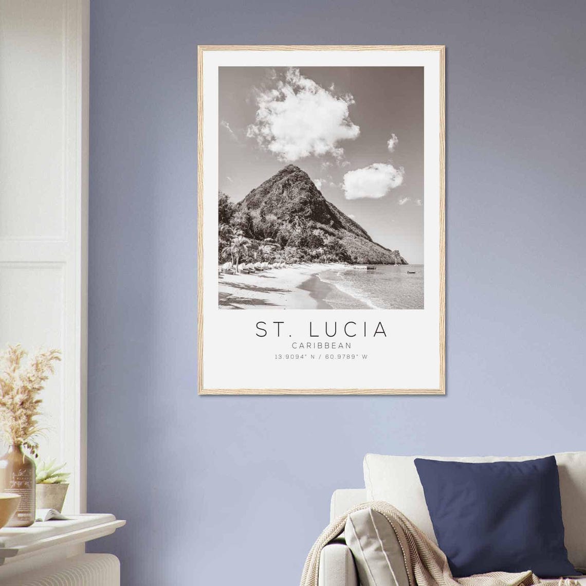St Lucia Caribbean Piton Peak Beach Palms Black and White Photo Poster - Image 2