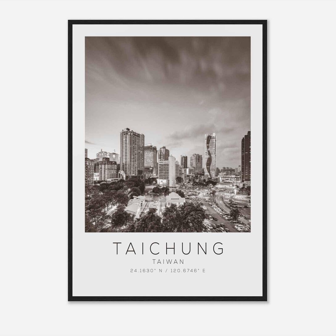 Taichung Taiwan City Skyline Dusk Black and White Photo Poster