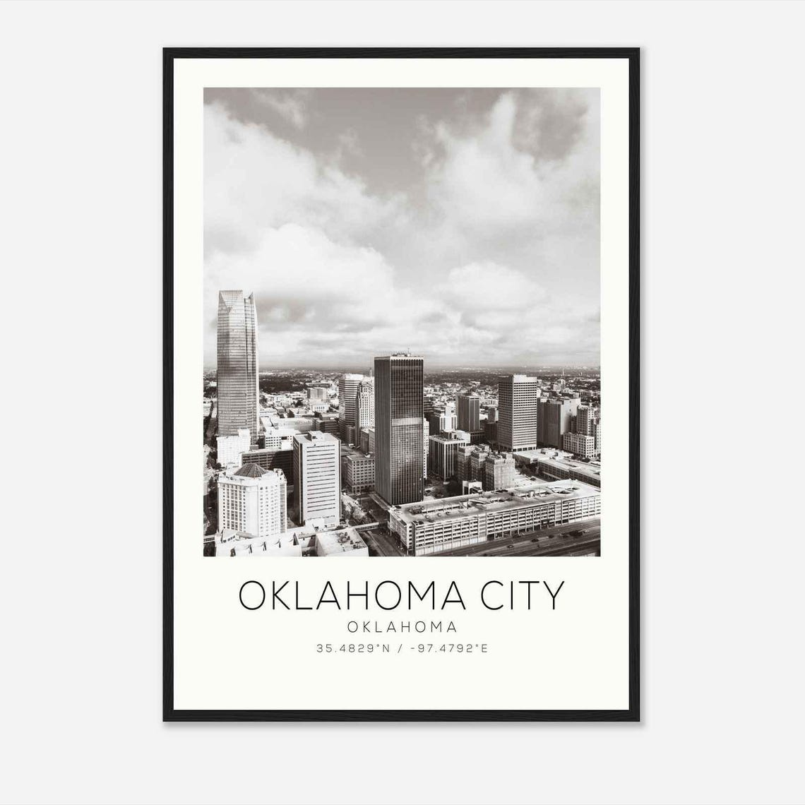 Oklahoma City Elevated Skyline View Black and White Photo Poster
