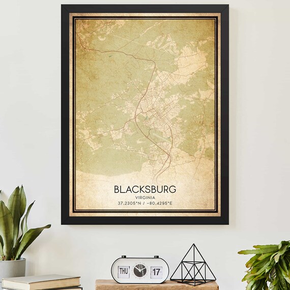 Blacksburg Virginia Vintage Style City Map Poster With GPS Coordinates
