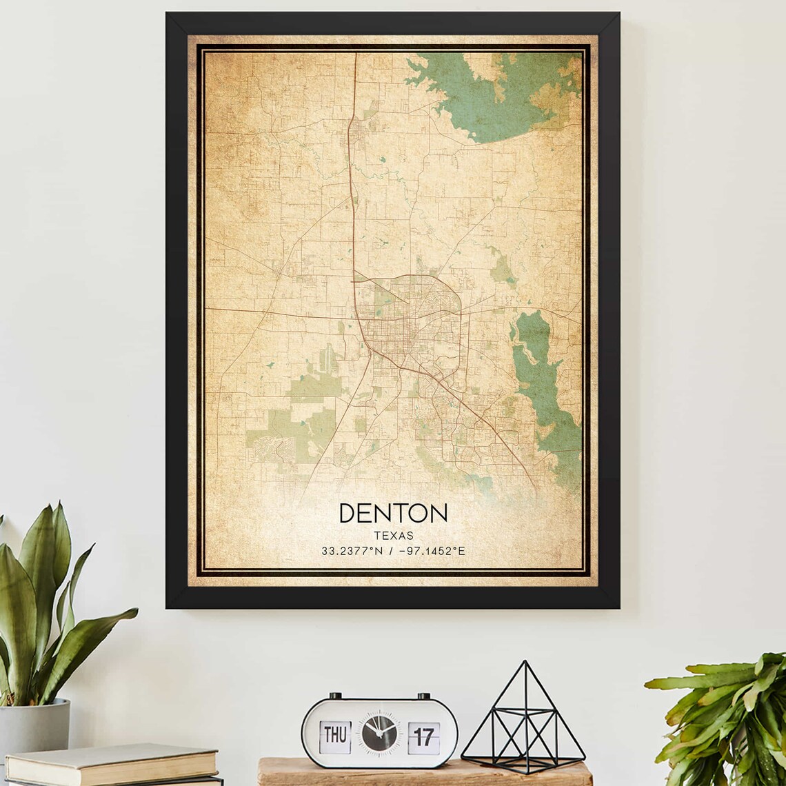 Denton Texas Vintage Street Map College Town Travel Art Poster