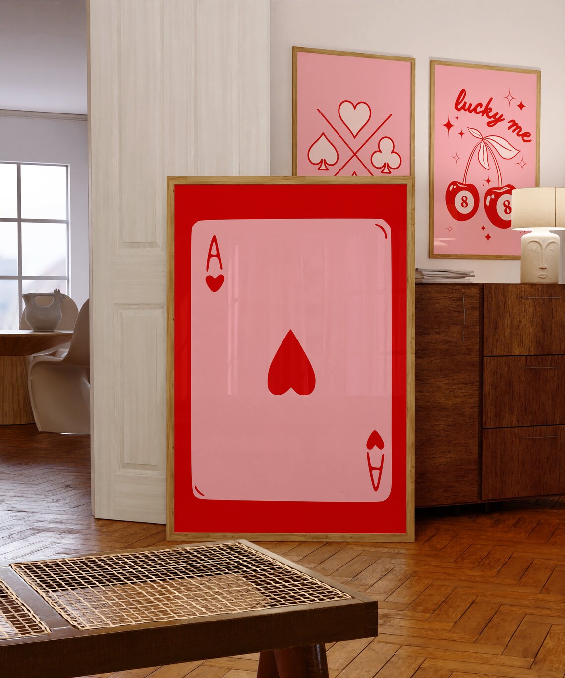 Trendy Girly Ace of Hearts Playing Card Bold Retro Pink Poster