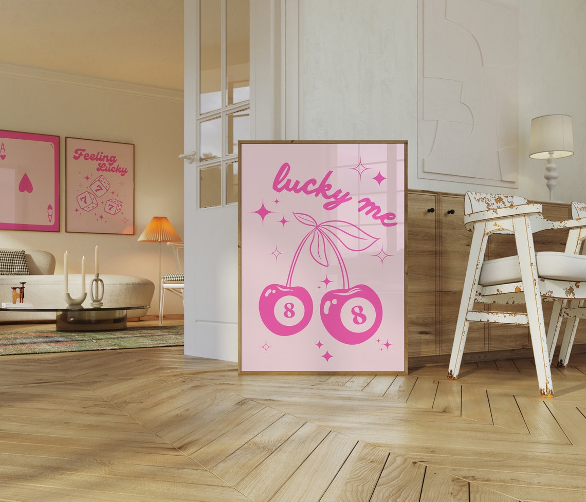 Lucky Me Pink Cherries 8 Ball Retro Pop Art Trendy Decor Poster - Image 3