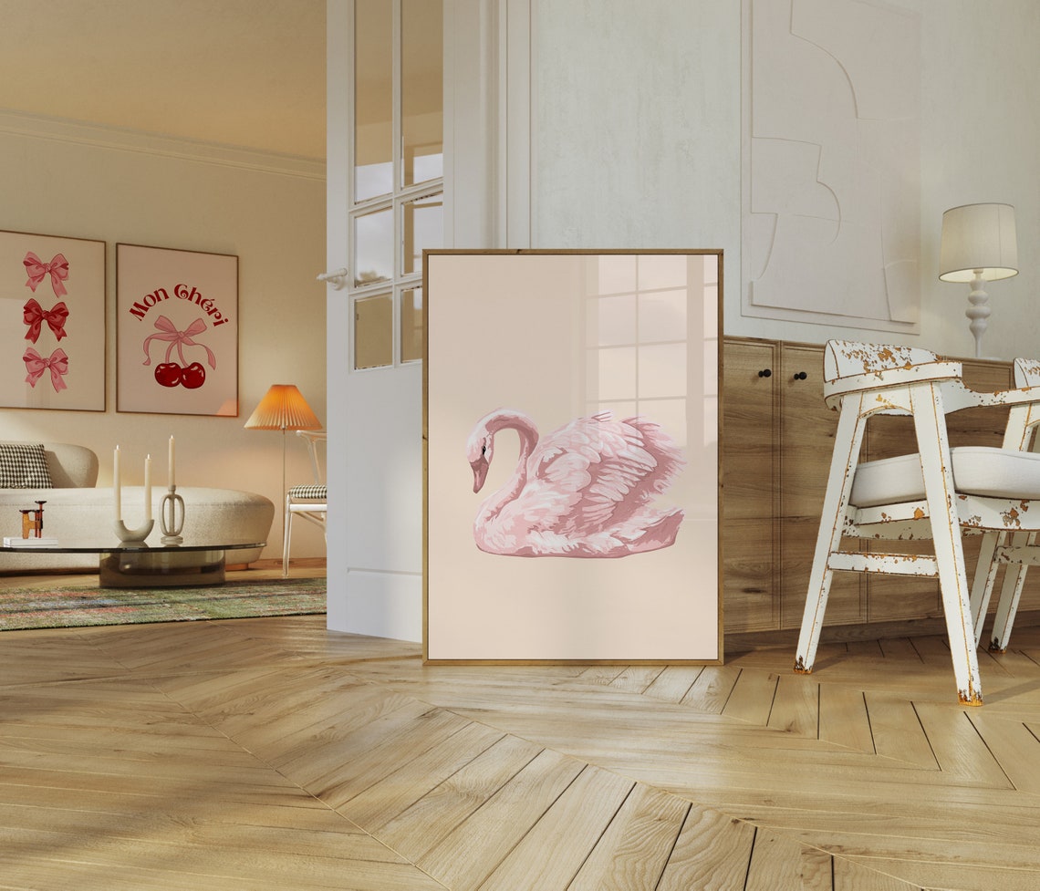 Graceful Pink Swan Floating Soft Watercolor Bird Illustration Poster - Image 2
