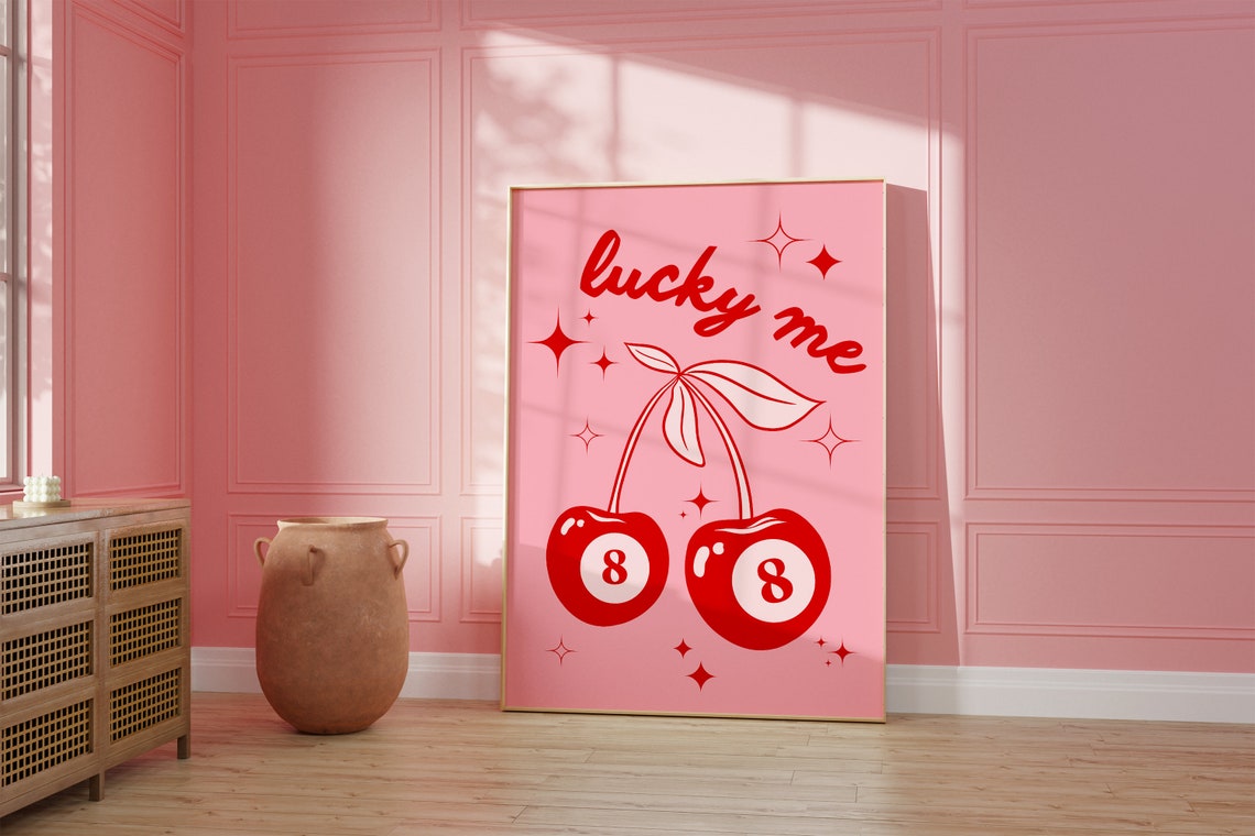 Lucky Me Cherry 8 Ball Retro Pink Preppy Aesthetic Wall Poster - Image 2